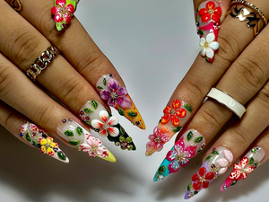 Tropical Garden Explosion Press On Nails | 3D Colorful Floral Nail Art | Rainbow Gradient Tips with Leaves & Gems | OB989EC