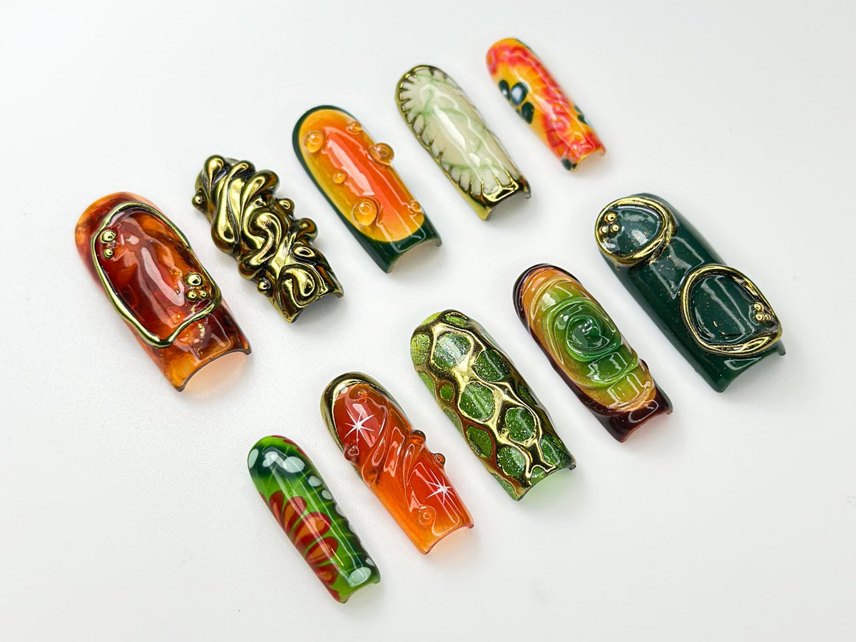 Retro Jungle Luxe Press On Nails | 3D Gold Abstract Nail Art | Green & Orange Swirl Press Ons | Handmade Statement Nails | OB976HC