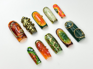 Retro Jungle Luxe Press On Nails | 3D Gold Abstract Nail Art | Green & Orange Swirl Press Ons | Handmade Statement Nails | OB976HC