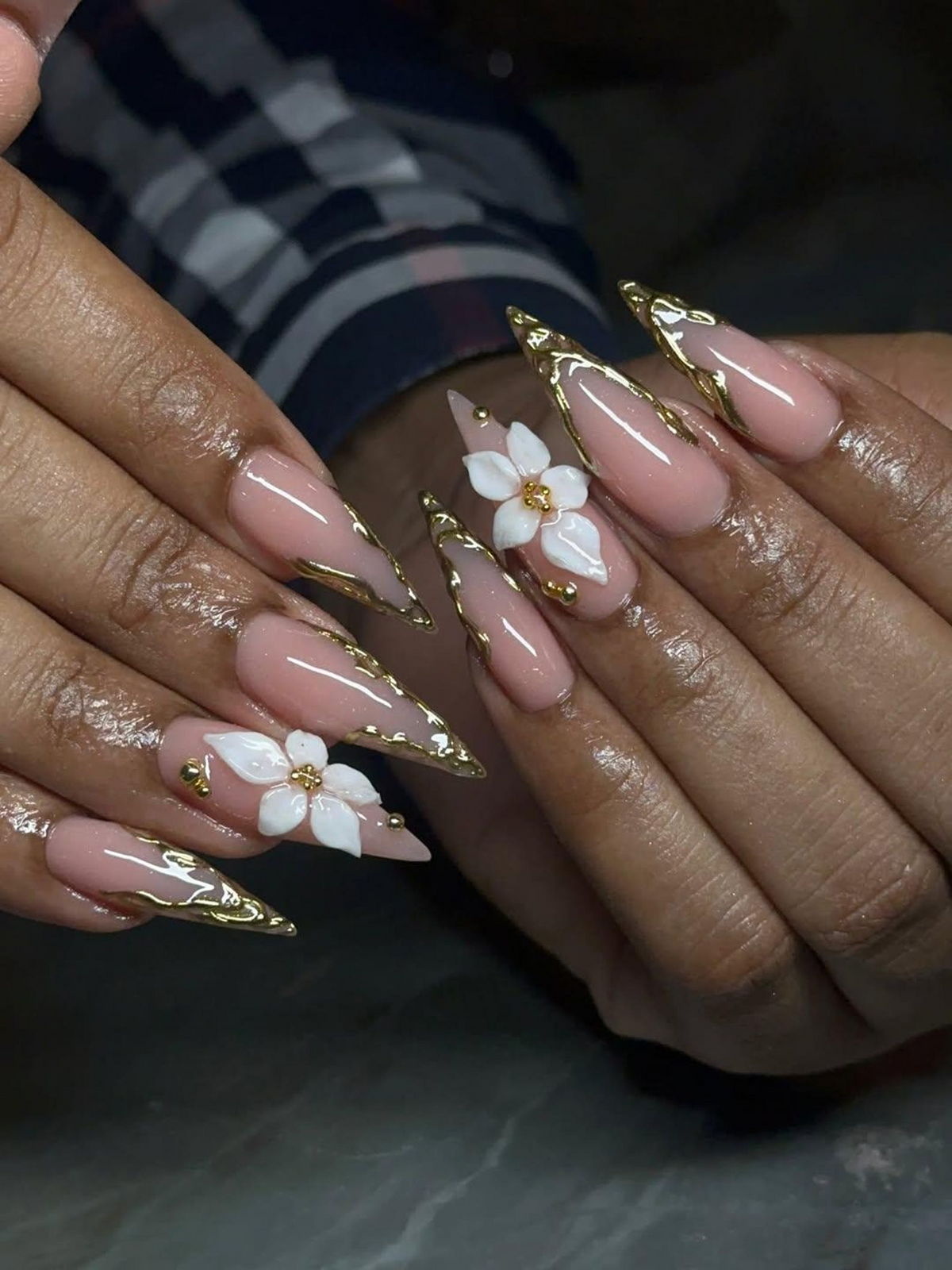 Nude Pink Luxury Press On Nails | Blush Floral Nails | 3D White Flower Nail Art | Elegant Bridal Press Ons | Soft Glam Nail Set | OC1232HC