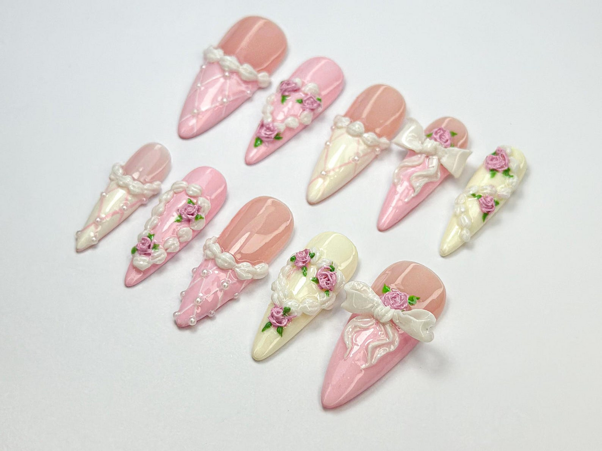 Coquette Pink Ribbon Press On Nails | 3D Blush Vintage Nail Set | Long French Ribbon Nails | Romantic Pink Press On Nails |OB760HC