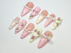 Coquette Pink Ribbon Press On Nails | 3D Blush Vintage Nail Set | Long French Ribbon Nails | Romantic Pink Press On Nails |OB760HC