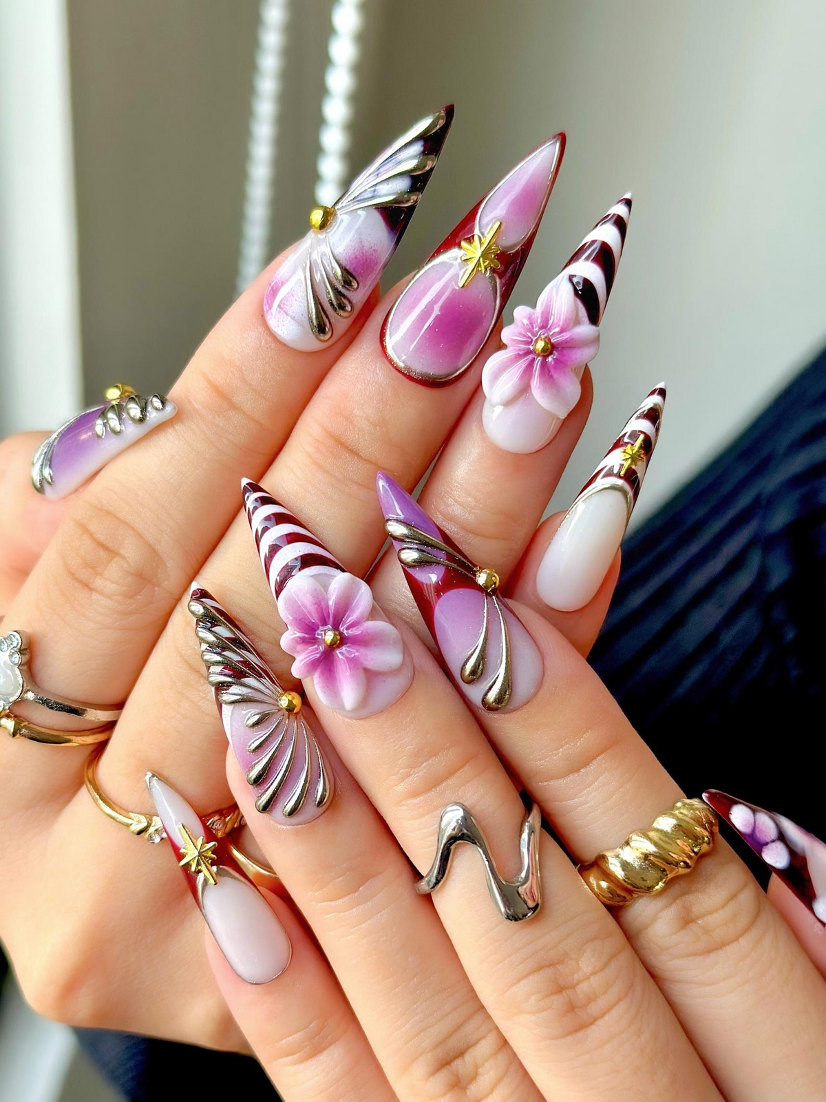 Elegant Violet Floral Press On Nails | Purple Chrome Floral Nails| Elegant Holiday Nails | Luxury Gradient Press Ons | OB211EC