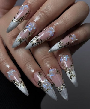 Spring Gothic Blossom Pressons Nails | Dusty Mauve Floral Nails | Iridescent 3D Flower Nail Art | Gold Vine Luxury Nail Set | OB267EC