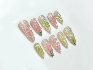 Dewdrop Meadow Press On Nails | Pastel Green & Pink Shimmer | Hand-Painted Floral Line Art and Crystal Accents | OB987EK