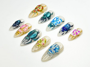 3D Beetle Press On Nails | Insect Art Nail Design | Vintage Bug Aesthetic Nails | Handmade Ceramic-Inspired Nail Set | Scarab Nails |OB875HC