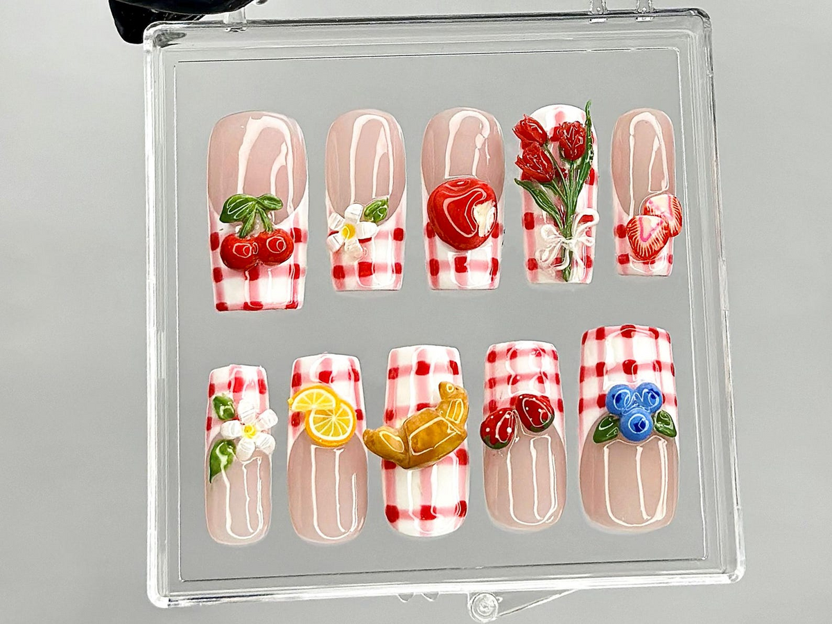 Gingham Picnic Press On Nails | 3D Fruit & Floral Nail Art | Cherry Strawberry Lemon Press Ons | Cottagecore Picnic Fake nails | OB944YK