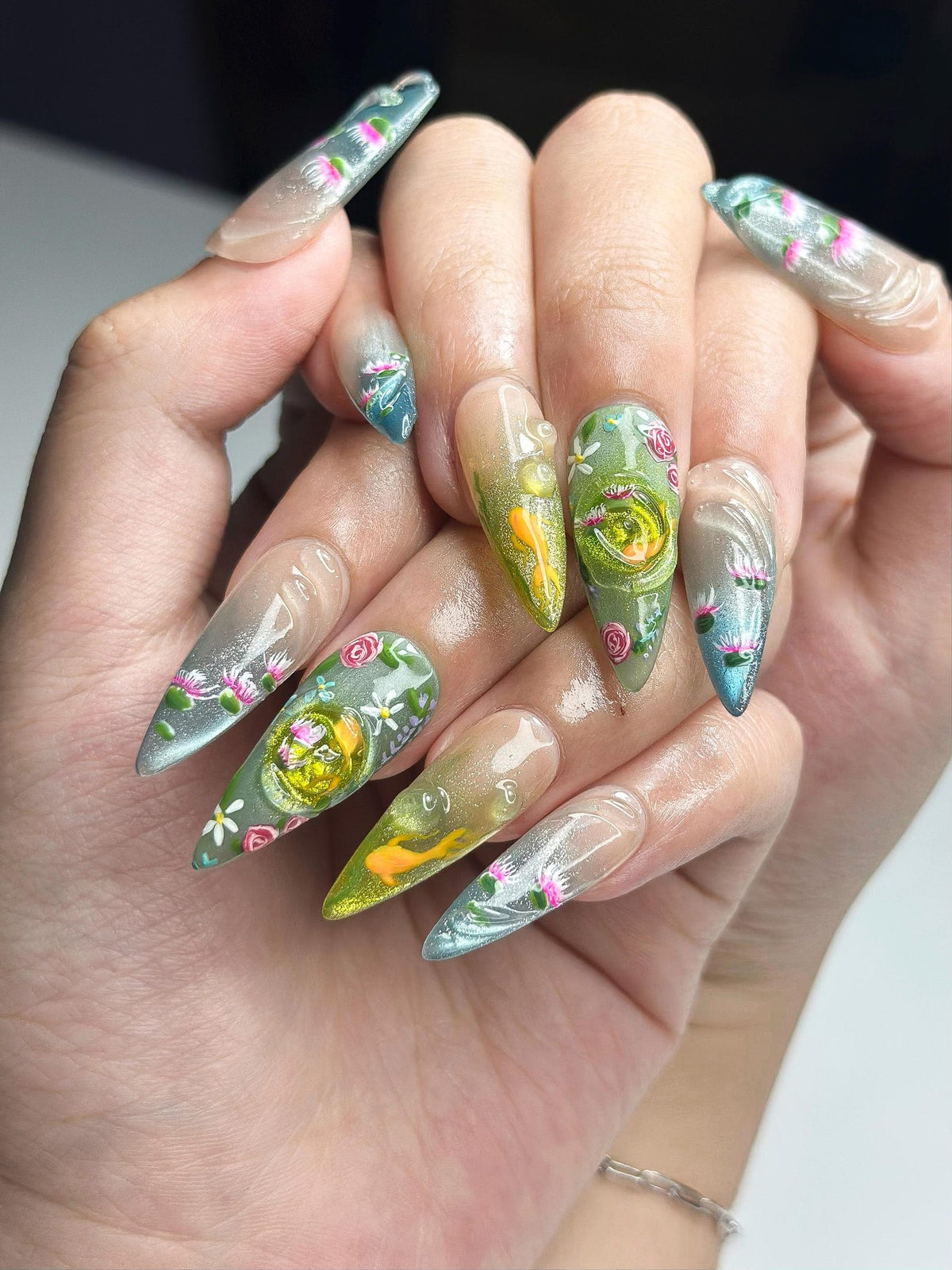 Zen Koi Pond Press On Nails | 3D Lotus Flower & Goldfish Art | Ethereal Ombre Shimmer Nails | Botanical Water Ripple Press Ons | OB361IC