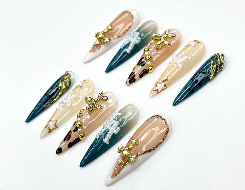LA Safari Luxe Press On Nails | Western Pearl Letter Nails | Leopard & Cross Charm Nail Art | Glam Cowgirl Vibe | Edgy 3D Stiletto Nail Set OB940L