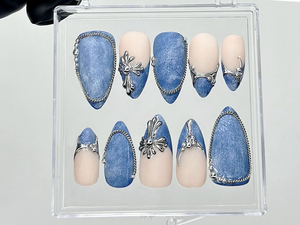 Silver Trim Denim Press On Nails | Blue Jean Fake Nails | Cowgirl Style Nail Art | Western Denim Press Ons | Textured Denim Nails | OB926YC
