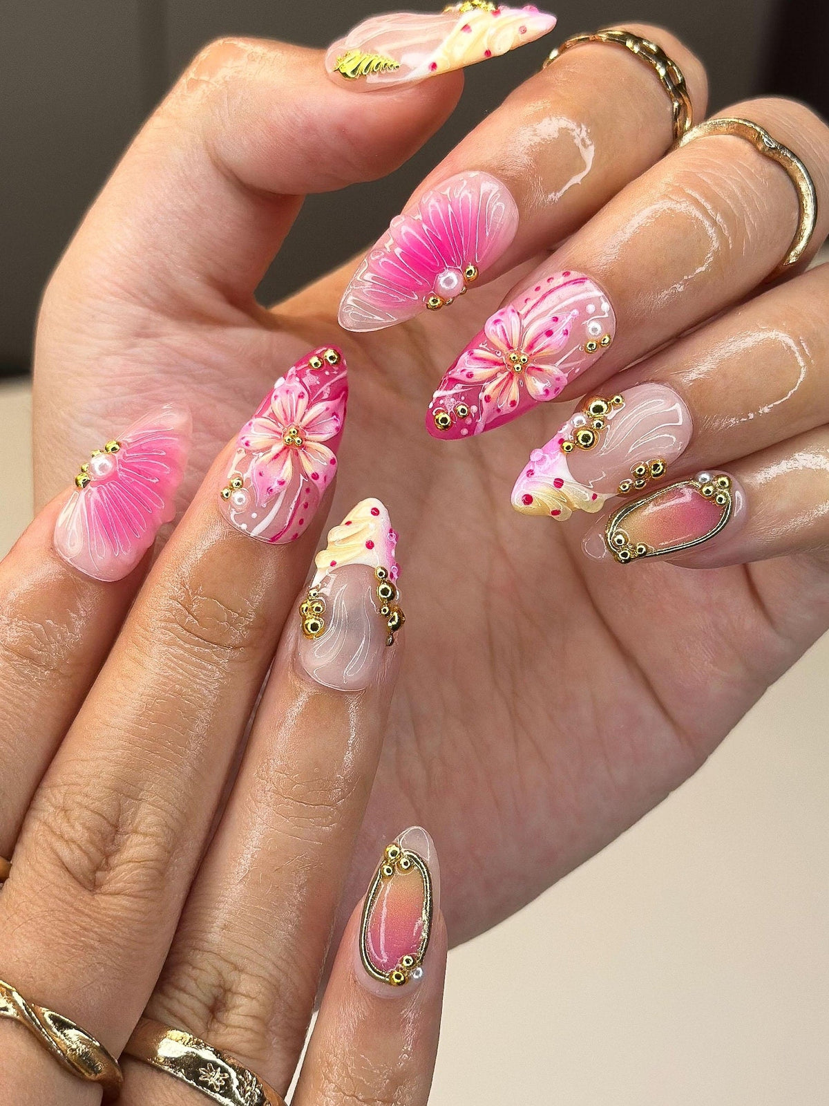 3D Pink Hibiscus & Seashell Nails | Tropical Floral Summer Press Ons | Luxury Gold Studded Mermaid Stiletto Art | Pink Ombre Nails| OB1342IC