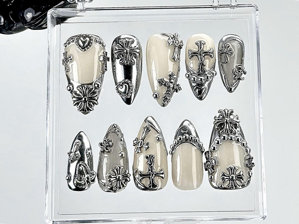 Gothic Chrome Press On Nails | Silver Gothic Fake Nails | Punk Rock Chrome Nail Art | 3D Cross Gothic Press Ons | Fashion Nails | OB889YK