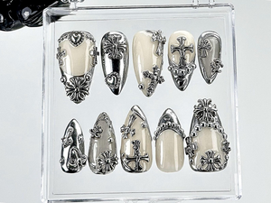 Gothic Chrome Press On Nails | Silver Gothic Fake Nails | Punk Rock Chrome Nail Art | 3D Cross Gothic Press Ons | Fashion Nails | OB889YK