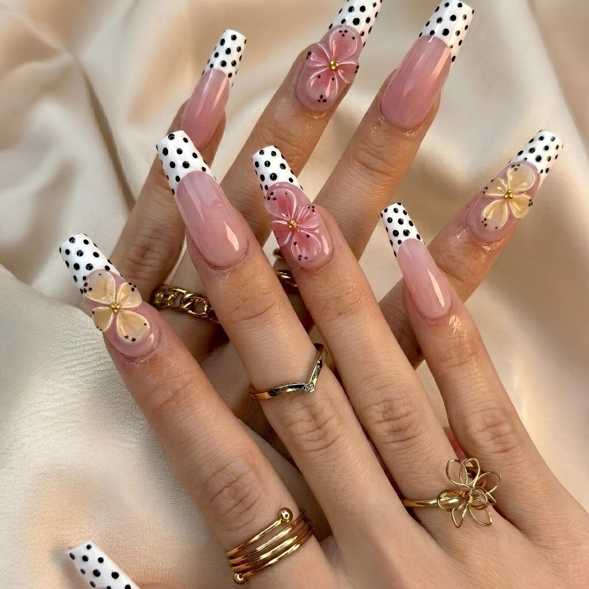 Retro Polka Dot Press On Nails | 3D Floral French Tip | Y2K Pastel Summer Nails | Bold Party Vacation | Custom Shape Handmade Set | OB1353DK