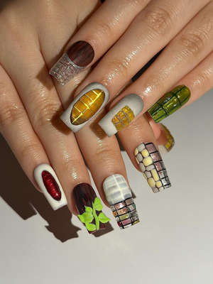Abstract Texture Press On Nails, Mixed Media Artisan Nails with 3D Foliage, Handcrafted Gemstone and Mosaic Tile Reusable Nails, OB306HC
