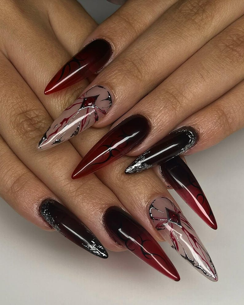 Sylus Love and Deepspace Nail Art | Vampire Romance Claws | Red Vein Gothic Fantasy Nails | Sylus Inspired Nail Art | OC820HC