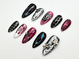 Y2K Black Pink Press On Nails | Silver Star Chrome Nails | Alt Fire Flame Design | Cyber Gothic Press Ons | Gothic Glam Nail Set | OC888H