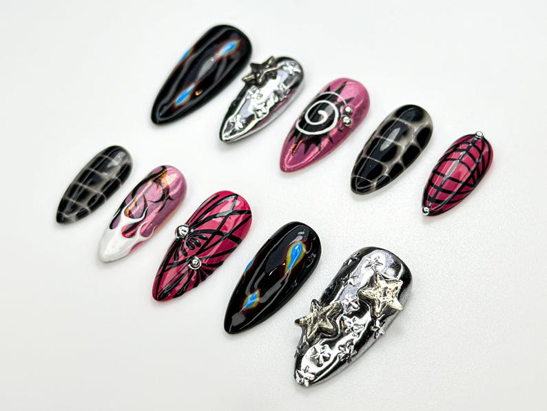 Y2K Black Pink Press On Nails | Silver Star Chrome Nails | Alt Fire Flame Design | Cyber Gothic Press Ons | Gothic Glam Nail Set | OC888H