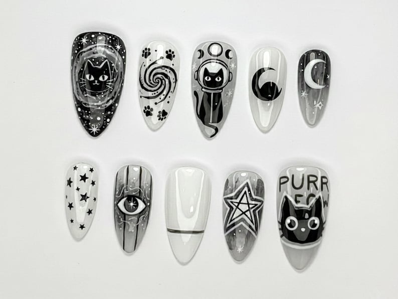 Cosmic Black Cat Press On Nails | Gothic Cat Nail Art | Moon Star Astrology Nails | Witchy Black White Press Ons | Mystic Nail Set | OB263H