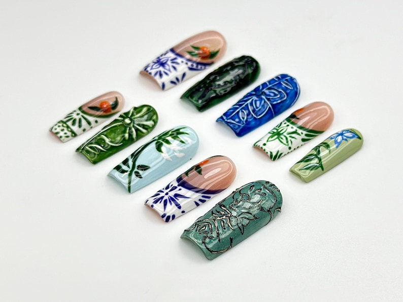Vintage Botanical Press On Nails | Hand-Painted Ceramic-Inspired Nail Art | Green Leaf Design | Nature-Inspired Press Ons | OB933H