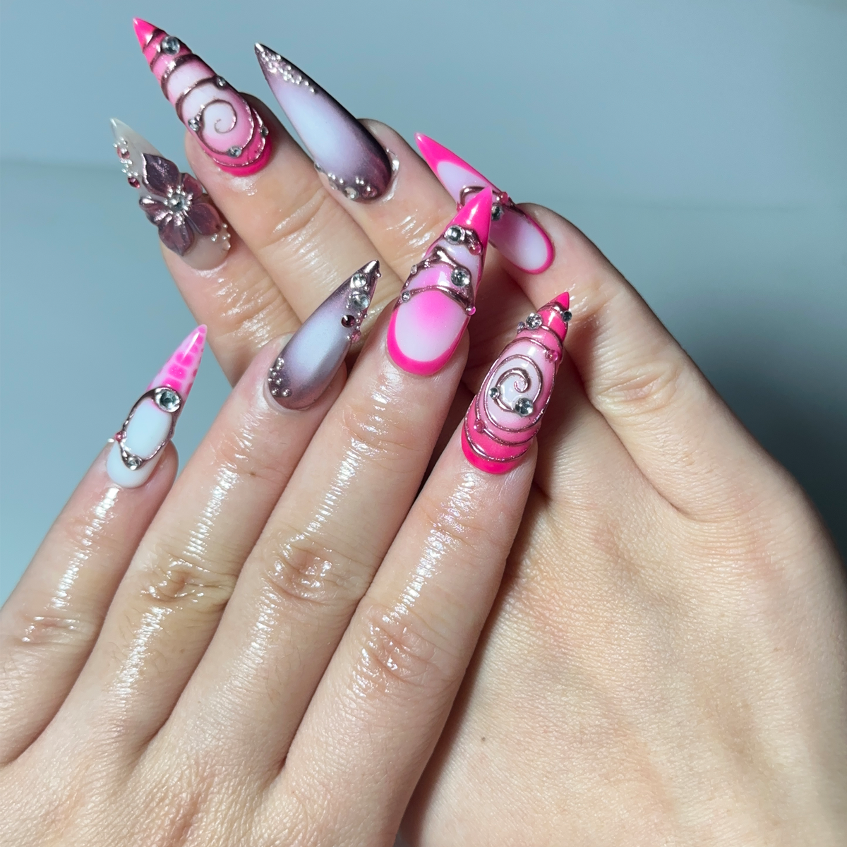 Hot Pink Press On Nails | Luxury Cyber Gyaru Stiletto Nails | 3D Chrome Flower Metallic Fake Nails | Y2K Futuristic Gift | OB406LK