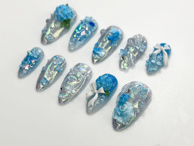 Iridescent Blue Garden Press On Nails | 3D Floral Glitter Nails | Elegant Blue Press On Nails | Handmade Romantic Bridal Set | OB774HC