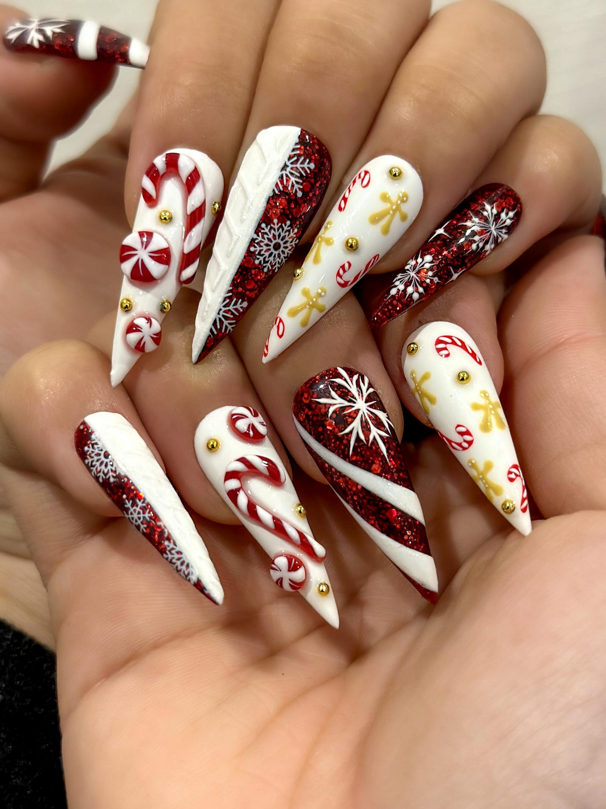 Red Glitter Christmas Press On Nails | Nails | Candy Cane Christmas Nail Art | Holiday Stiletto Nail Art | Luxury Festive Press Ons|OB1210EC