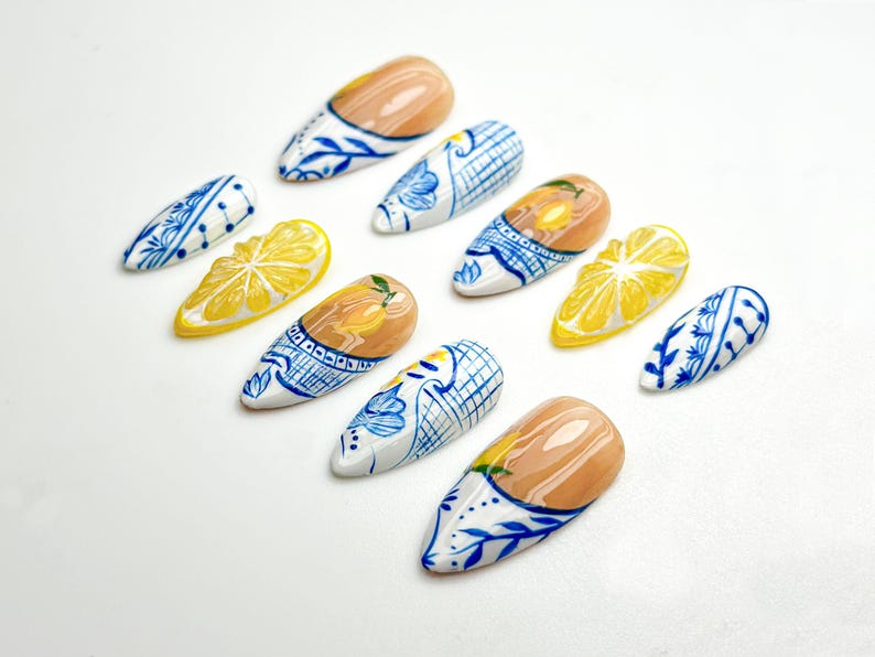 Lemon Garden Press On Nails | Blue White Floral Ceramic Nail Art | Summer Lemon Zest Nails | Fresh Fruit Nails | Fresh Nails | OC934HK