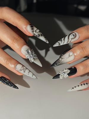 Gothic Silver Flower Press On Nails | Black White Stiletto Nails | Dark Floral Nail Set | Edgy Gothic Nails | Handmade Press Ons | OC1297HC