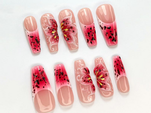 Hot Pink Bloom Press-On Nails | Spring Flower Press Ons | 3D Flowers Fake Nails| Perfect for Special Occasions | Summer Collection |OB768YC