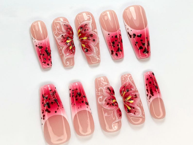 Hot Pink Bloom Press-On Nails | Spring Flower Press Ons | 3D Flowers Fake Nails| Perfect for Special Occasions | Summer Collection |OB768YC