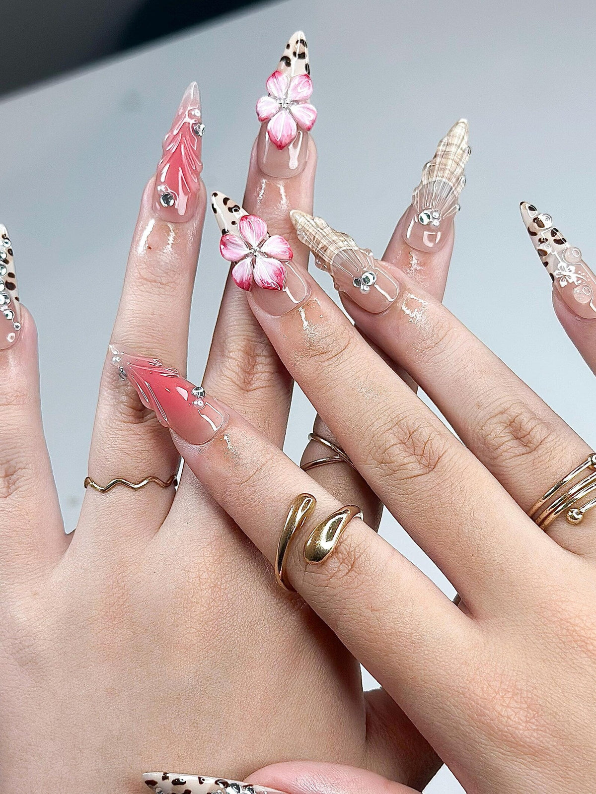 3D Hibiscus Flower & Tropical Muse Nails | Ethereal Goddess Press Ons | Luxury Seashell Art Nails |Nude Pink Floral Summer Nails | OB360IC
