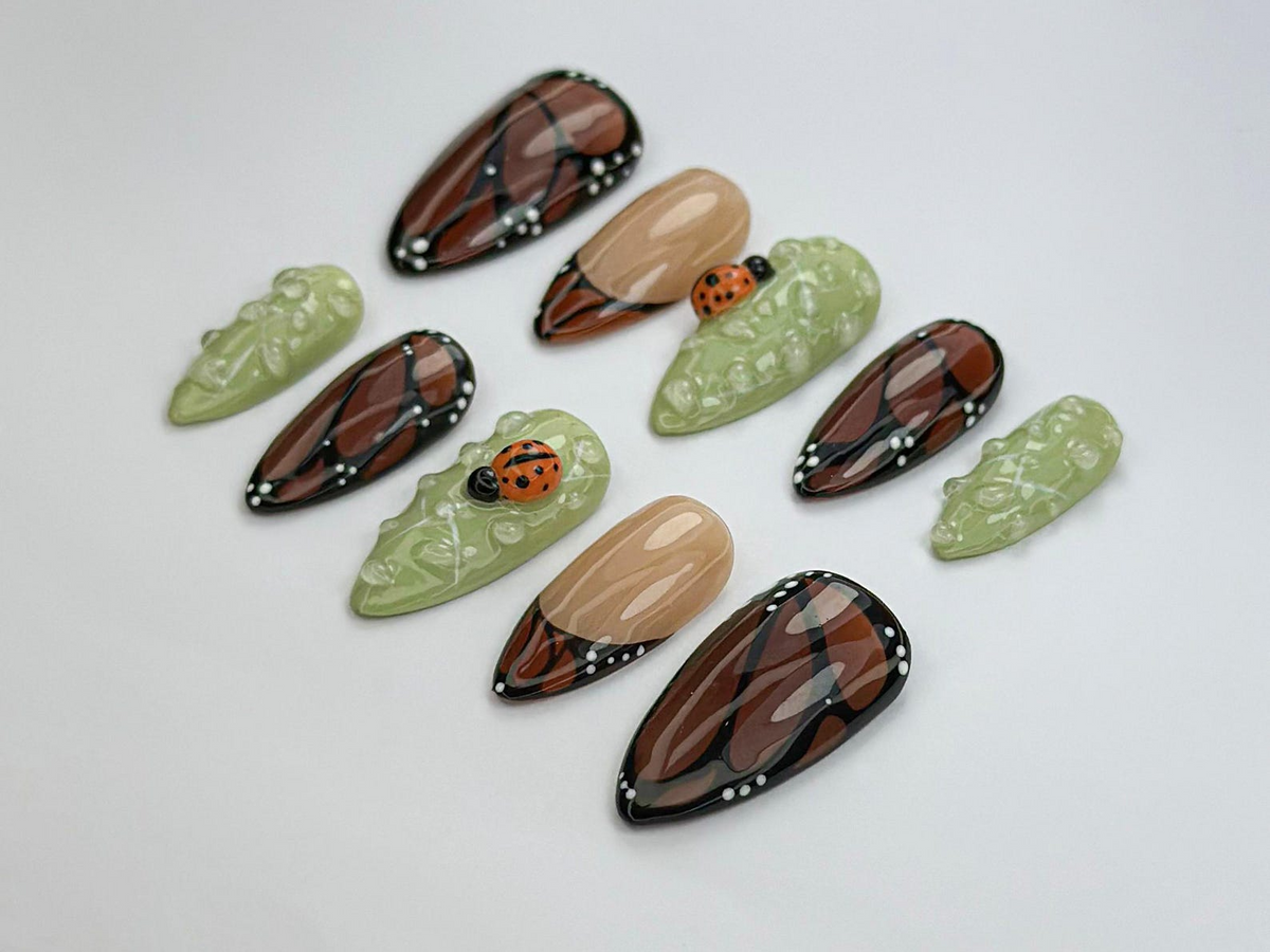 Monarch in Bloom Press On Nails | Butterfly & Bug Inspired Press Ons | Green And Brown Nail Art | Spring Nature Press On Nails | OB741H
