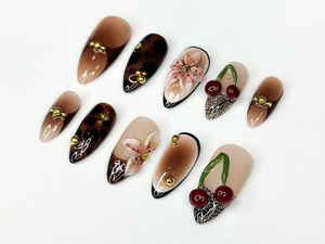 Tortoiseshell Fall Press On Nails | 3D Fruit & Floral Nail Art | 3D Cherry Blossom Nail Design| Handmade Luxury Nail| Elegant Nail | OC187HK