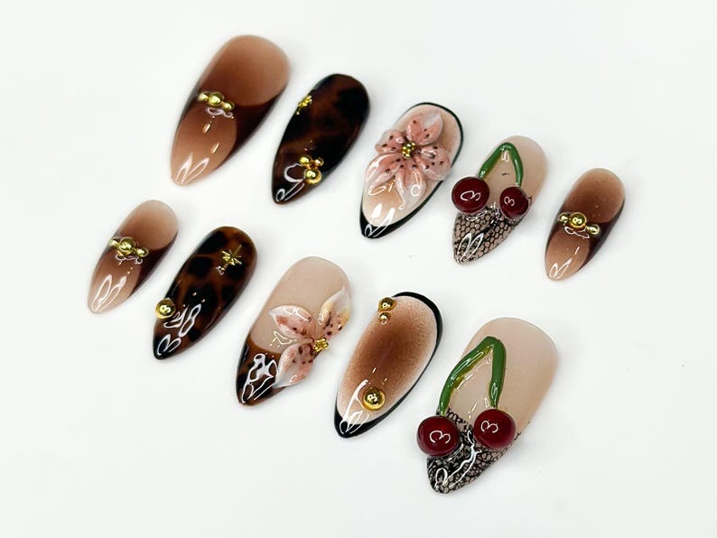 Tortoiseshell Fall Press On Nails | 3D Fruit & Floral Nail Art | 3D Cherry Blossom Nail Design| Handmade Luxury Nail| Elegant Nail | OC187HK