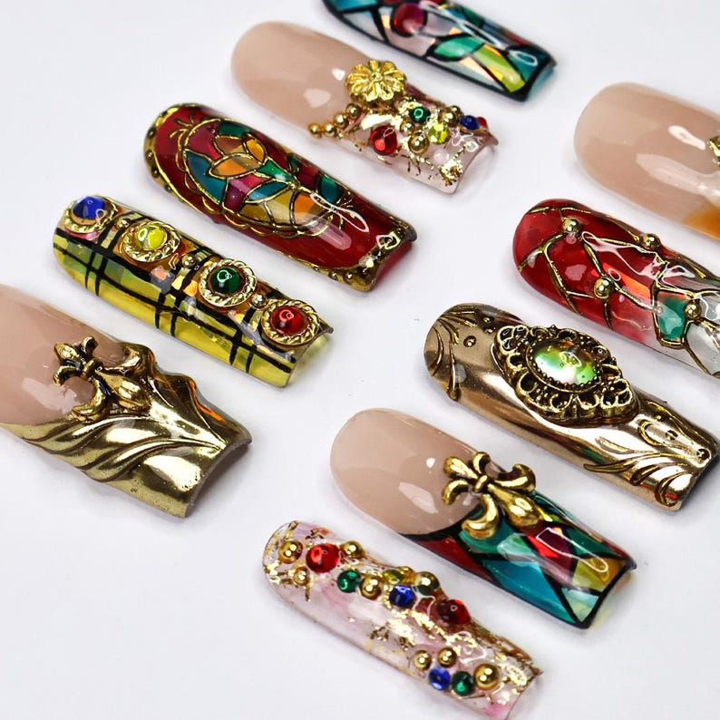 Handmade Baroque 3D Press-On Nails | Stained Glass Vitreaux Design | Long Square Gothic Fake Nails for Holiday, Vacation, Birthday | OB907L