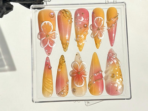 Luxury Floral Hand-Painted Press On Nails | Tropical Flower Fake nails| Floral Fantasy Nail Art | Boho Chic Style Acrylic Nails | OB637YC