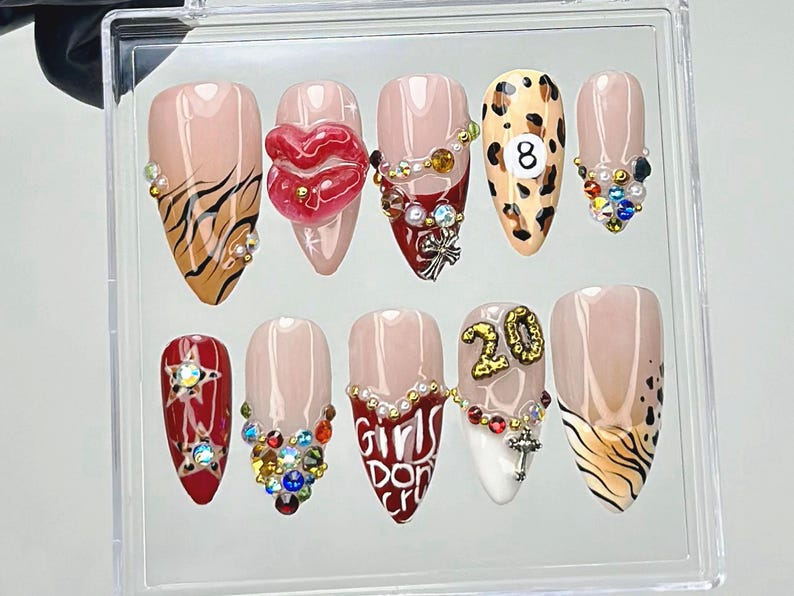 Leopard Rhinestone Press On Nails | Bold Animal Print Fake Nails | Girls Don’t Cry Nail Art | 3D Lips & Crystal Press Ons |Nail Art |OB910YK