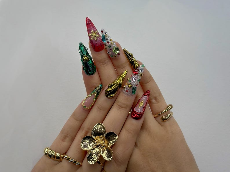 Luxe Ornament Christmas Press On Nails | 3D Holiday Nail Art | Red & Green Chrome Nails | Rhinestone Design | Festive Press Ons | OB214HC