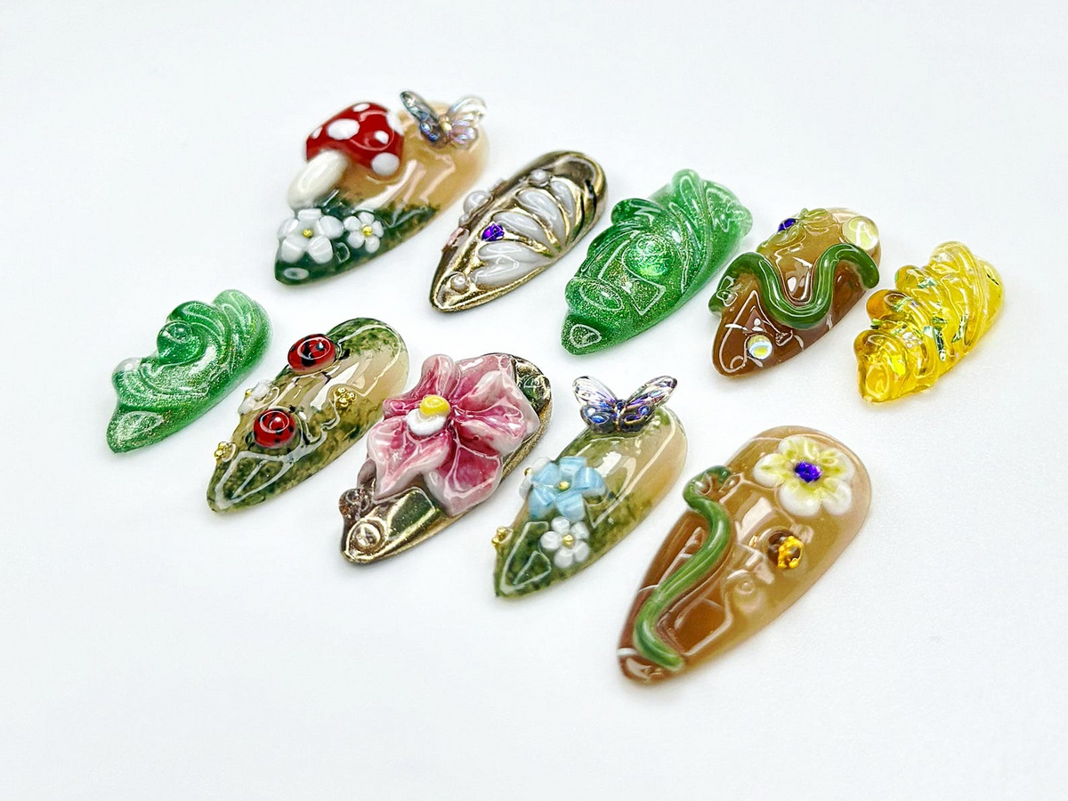 Enchanted Forest presson nails | 3D Mushroom Fairy Nail Art | Nature Inspired Press Ons |3D Fairy Garden Fake nails |Magical Nails | OB952YK