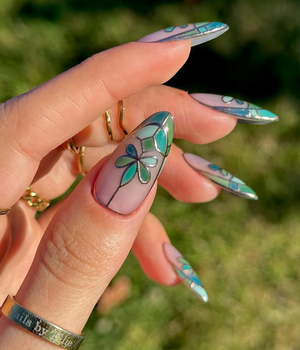 Stained Glass Floral Press On Nails | Neutral Floral Press Ons | Nude & Metallic Fake Nails |Elegant Bridal Nail Art |Wedding Nails |OB778YC