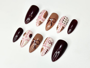 Chocolate Autumn Press On Nails | Sweet Treats-Inspired Nail Art | Soft Pink & Brown Handcrafted Design | Handmade Unique Nail Set | OB182HC