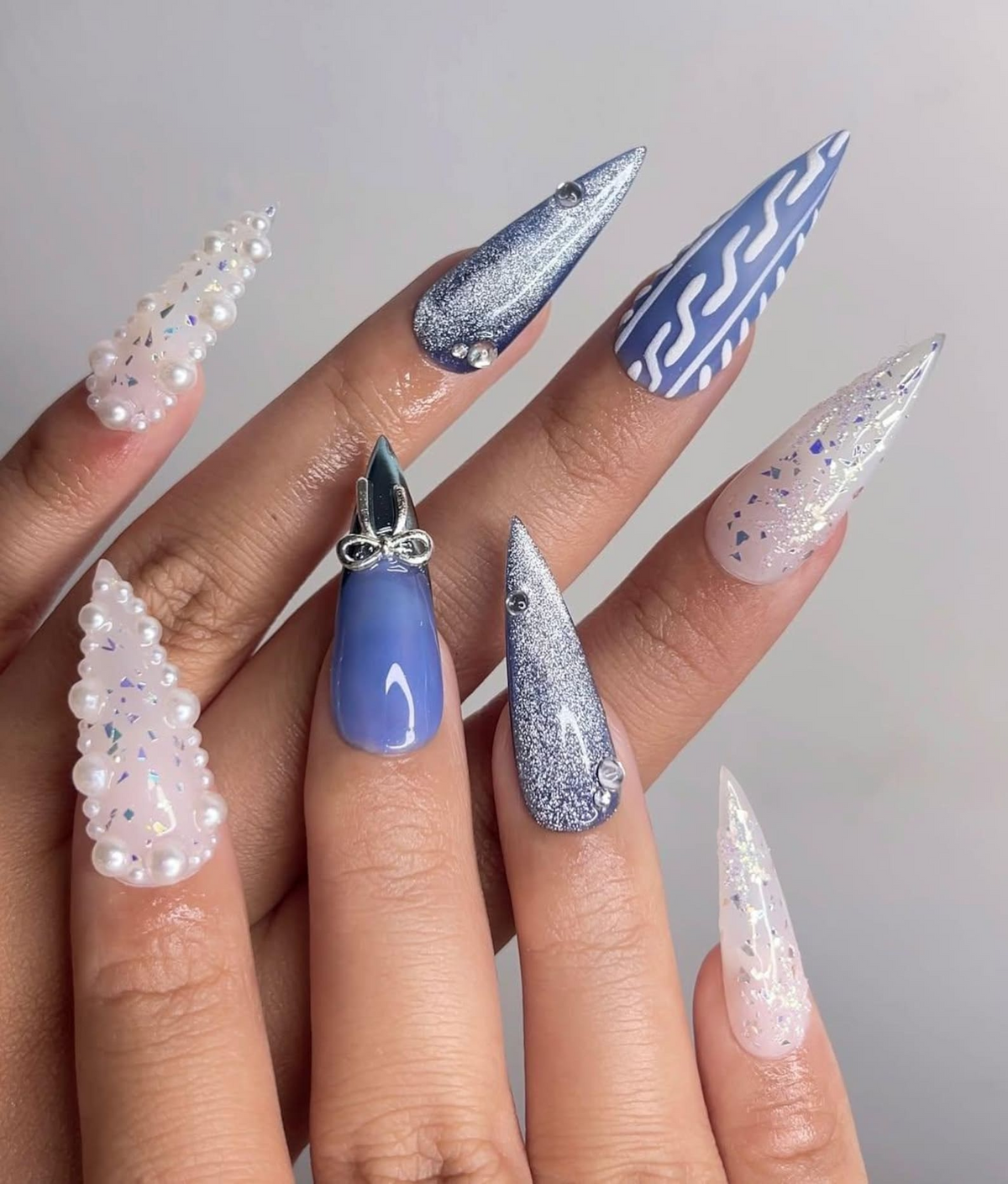 Frosted Winter Elegance Christmas Nails | Icy Blue Chrome Nail Art | Pearl Snowflake Design | Winter Wonderland Nails | Luxury Nail|OB1199HK