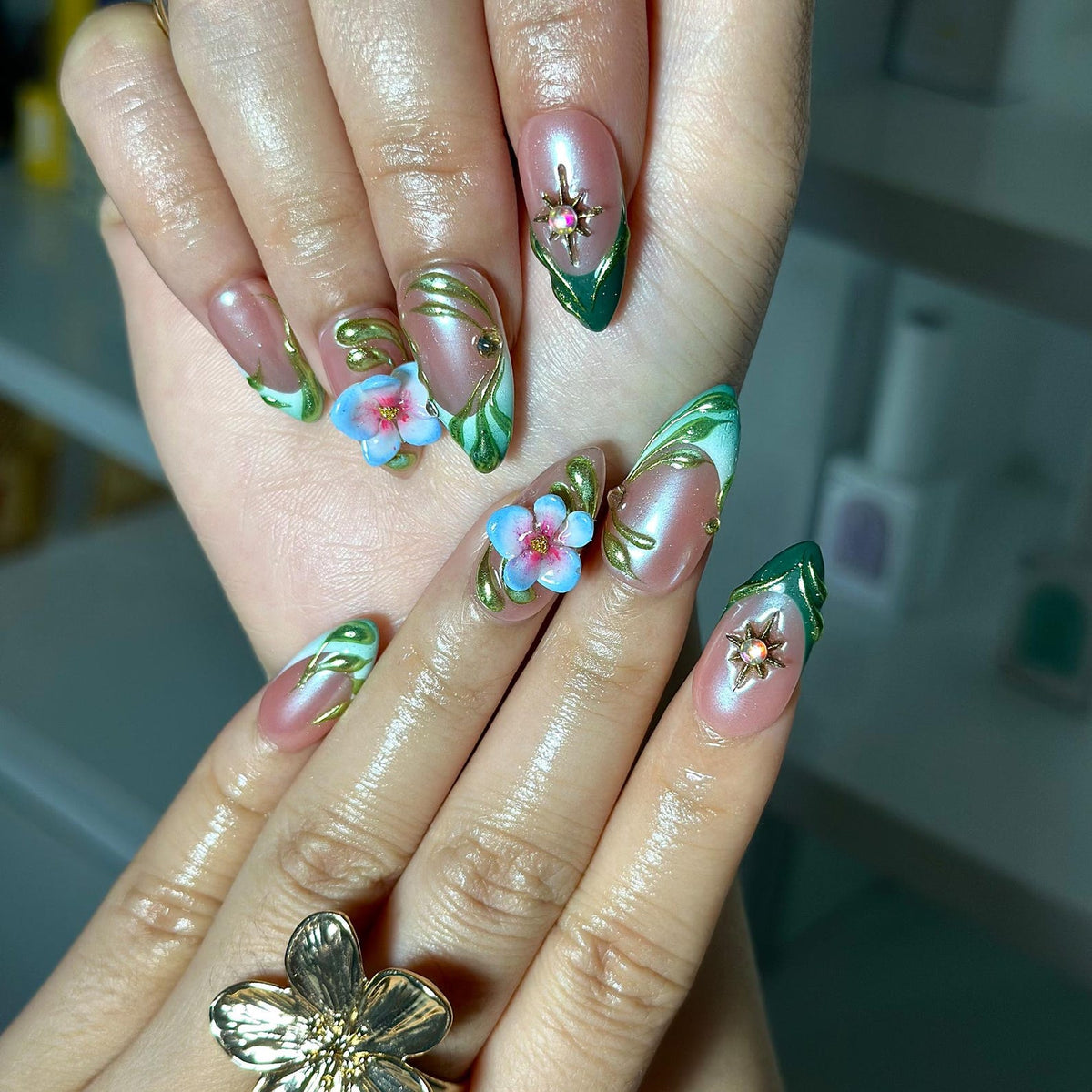 3D Floral Press On Nails | Green Leaf Pink Chrome Nails | Handmade Flower Nail Art | Elegant Spring Nails | Luxury Almond Nails | OC1308NC