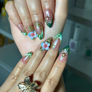 3D Floral Press On Nails | Green Leaf Pink Chrome Nails | Handmade Flower Nail Art | Elegant Spring Nails | Luxury Almond Nails | OC1308NC