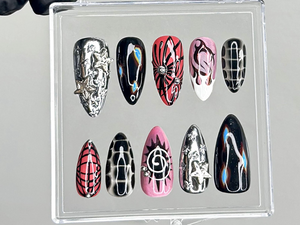 Chrome Flame Press On Nails | Gothic Spider Nail Art | Flame Spider Press Ons | Cyber Y2K Fake Nails | Emo Butterfly Press Ons | OC945YC