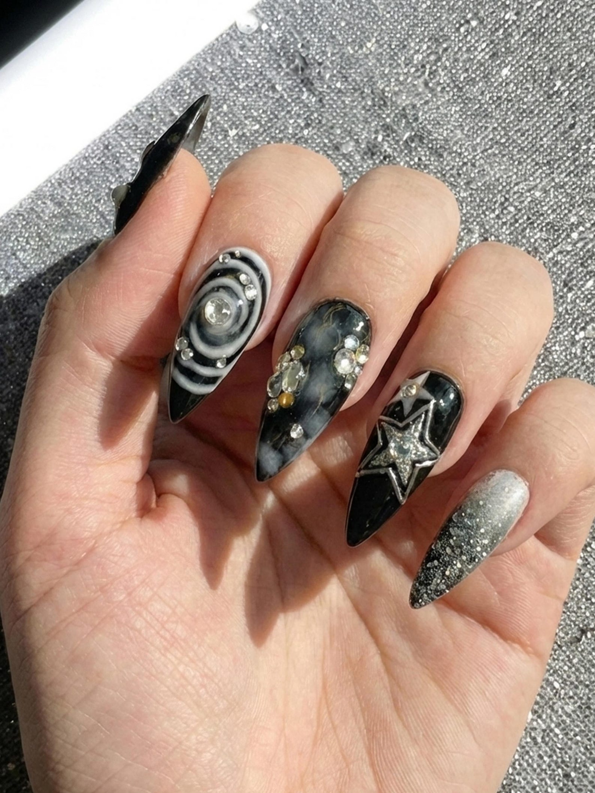 Gothic Black Cat Galaxy Press On Nails for Bold Girls | Handmade Silver Star Fake Nails | Dark Smoky Crystal Nail Art | OB286E
