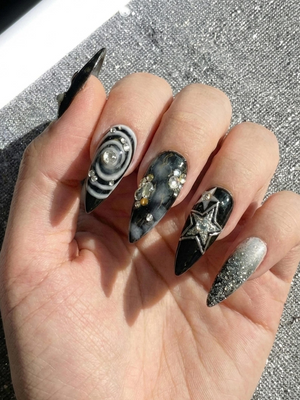 Gothic Black Cat Galaxy Press On Nails for Bold Girls | Handmade Silver Star Fake Nails | Dark Smoky Crystal Nail Art | OB286E