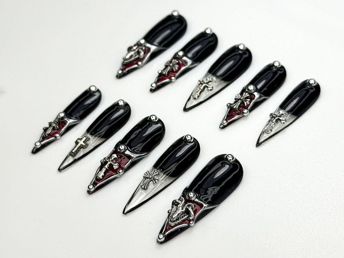 Gothic Cross Tip Press On Nails | Vampire Red & Black Nails | Gothic Triangle Accent Nails | Religious Symbol Nails | Dark Glam Nail| OC865H