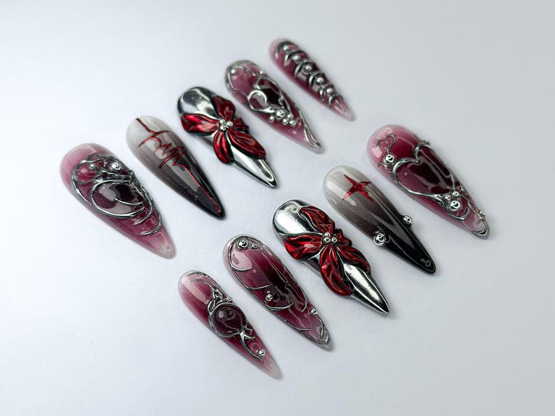 Gothic Blood Red Press-On Nails | Edgy Black And Red Press-Ons | Gothic Press-On Set | Cyberpunk & Gothic Nails | OB726HC